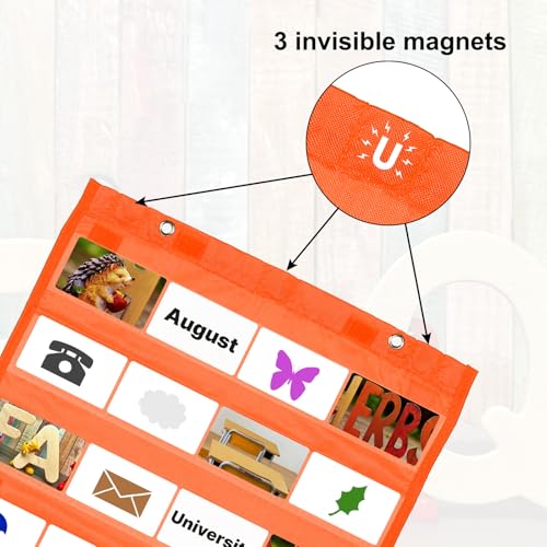 PATIKIL Magnetic Pocket Chart, Small Pocket Chart Mini Double Sided Classroom Pocket Chart Organizer Wall Hanging for Classroom Supplies, Dark Orange