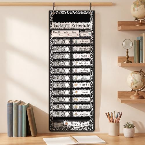 Gueevin Composition Book Daily Schedule Pocket Chart & Card Set Include 1 Hanging Chart with 24 Pockets 2 Metal Hooks 60 Schedule & Activity Cards Reusable Calendar for Kindergarten Daycare Decor - style: Composition Book