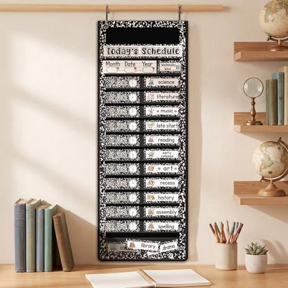Gueevin Composition Book Daily Schedule Pocket Chart & Card Set Include 1 Hanging Chart with 24 Pockets 2 Metal Hooks 60 Schedule & Activity Cards Reusable Calendar for Kindergarten Daycare Decor - style: Composition Book
