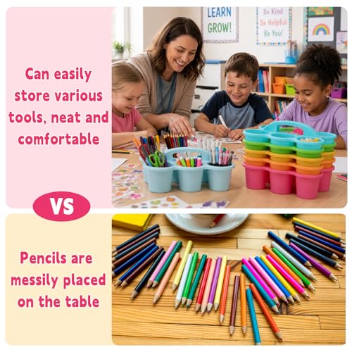 Plastic Caddy with Handle Set of 6 Classroom Caddy Organizer Cup Caddies Water Bottle Storage Crayon Caddies Plastic Cup Holder Drink Carrier for School Home Office Supplies (Pastel) - color: Pastel