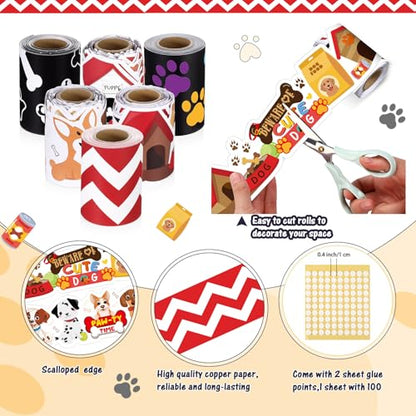 Tenceur 160ft Dog Bulletin Board Borders, 6 Rolls Puppy Paws Scalloped Borders Trim, Animal Classroom Decoration for Summer Back to School Office Chalkboard Whiteboard Poster - style: Dog