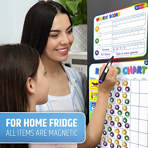 Large Magnetic Reward Chart for Multiple Kids (1-3 Kids) - 127 Pre-Written Stickers (Including Potty Training) + 30 Custom Chores - Behavior, Responsibility & Incentive Star Chart for Your Fridge - style: Up to 3 Kids