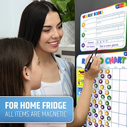 Large Magnetic Reward Chart for Multiple Kids (1-3 Kids) - 127 Pre-Written Stickers (Including Potty Training) + 30 Custom Chores - Behavior, Responsibility & Incentive Star Chart for Your Fridge - style: Up to 3 Kids