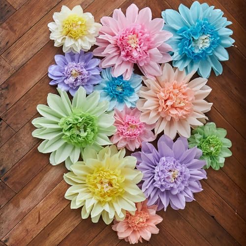 Pastel Paper Flowers, 12 Pcs Paper Flowers Decorations for Pastel Party Decor, 6 Inch, 12 Inch Crepe Paper Flower for Wedding, Party, Baby, Bridal Shower, Nursery Wall Decor, Bulletin Board - color: Pink Blue Green