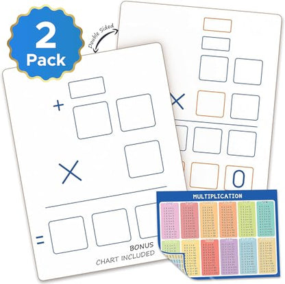 2 Pack Dry Erase Long Multiplication Board 9"x12" Double Sided Practice Whiteboard with 2x1 & 2x2 Digit Multiplication for Home, School, Classroom, Kids, Students Math Manipulatives Lapboard - style: 2 Boards
