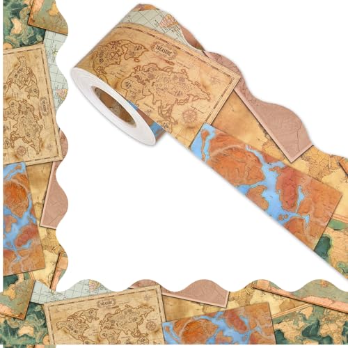 FYSUIMU 65.6 Ft World Map Bulletin Board Border Vintage Travel The Map Straight Die Cut Border Trim Roll for Back to School Party Home Classroom Decor - style: Retro