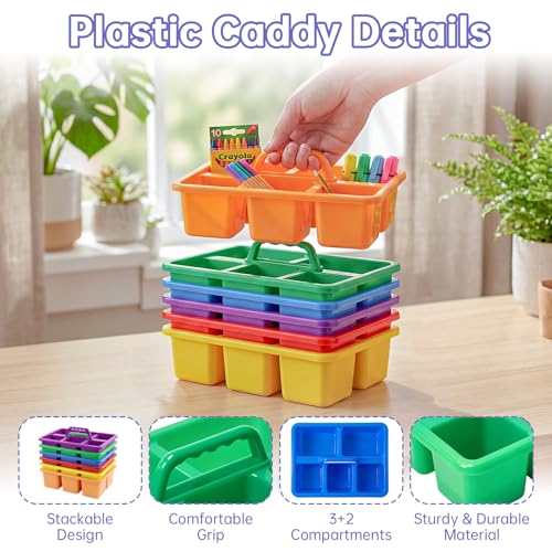 6 Pack Multiuse Caddy Organizer - Classroom Caddy with Handle & 5 Compartments, Portable Plastic Table Caddies Holder for Teacher, Desk, Art, School Supply Storage for Markers, Crayons