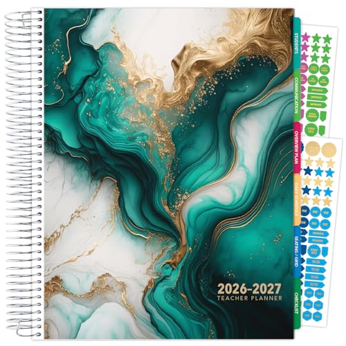 DELUXE TEACHER PLANNER Aug 2026-Jul 2027 8.5x11 Daily Weekly Monthly Organizers with 7 Periods, Pocket Folder, Dated Calendar, Page Tabs, Bookmark and Planning Stickers (Teal Gold Marble) - color: Teal Gold Marble