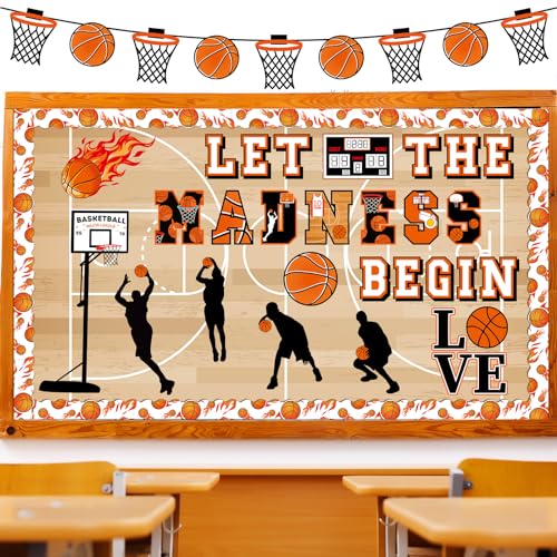 gisgfim Basketball Bulletin Board Decoration Set with Background Paper & Borders Cutouts Let The Madness Basketball Sport Bulletin Board Decor for Classroom School Game Craft Supplies(Basketball) - style: Let The Madness Basketball