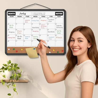 Monthly Calendar Dry Erase Board 16x12 Inch, Double-Sided Whiteboard and Corkboard Combo with Black Plastic Frame, Wall Mounted Planner Organizer with Markers, Magnets, Push Pins, Eraser - size: 16"W x 12"H, style: Black Plastic Frame