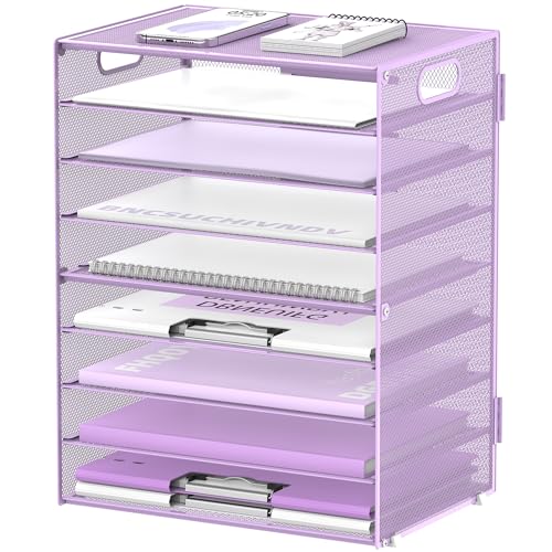 DALTACK 9-Tier Paper Organizer for Desk, Mesh Letter Tray Desk Organizer with Handles, Space-Saving File Organizer for Office Home School, Purple - color: Desk Organizer Purple