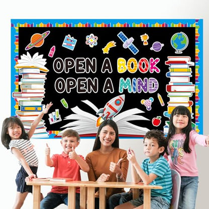 Reading Bulletin Board Set Open A Book Open A Mind Classroom Bulletin Board Decorations Books Paper Cutouts for Back to School Reading Day Classroom Library Office Home Wall Door Supplies - style: Reading