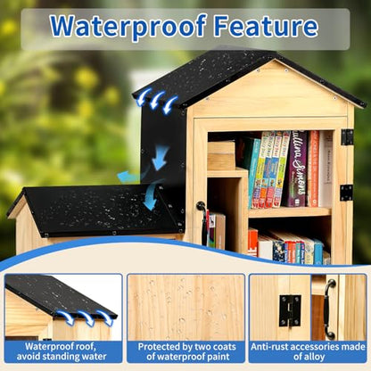 Little Library Box Outdoor, Double Little Library Design with Adjustable Shelf and Large & Small Compartments, Solid Wood with Waterproof Coating & Metal Trim, Sharing Books, Literature & Newspapers - size: 26"L x 13"W x 26"H