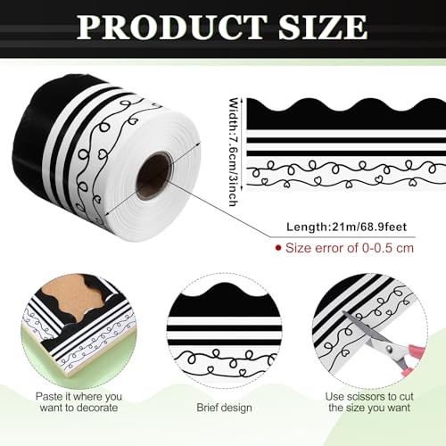 Kolldenn 68.9ft Black and White Bulletin Board Border Black White Squiggles and Stripes Classroom Borders Trim Rolled Die Cut for Bulletin Board Chalkboard School Teachers Wall Decor (Scalloped Heart) - style: Scalloped Heart