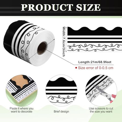 Kolldenn 68.9ft Black and White Bulletin Board Border Black White Squiggles and Stripes Classroom Borders Trim Rolled Die Cut for Bulletin Board Chalkboard School Teachers Wall Decor (Scalloped Heart) - style: Scalloped Heart