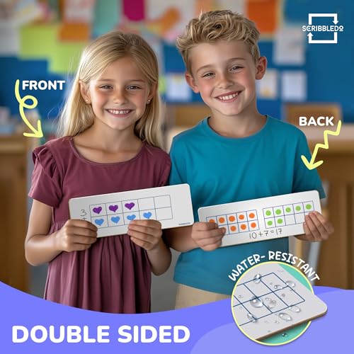 SCRIBBLEDO Dry Erase Ten Frame Board - 4" x 12" Double Sided Dry Erase Boards for Kids to Visualize and Practice Base 10 Number Concepts - Math Practice Board for Home School and Classroom