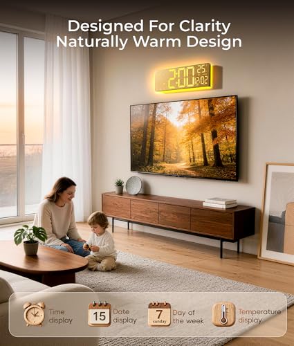 EASYERA 16.5" Large Digital Wall Clock with BT Sync, Wood Grain Clock with 11 RGB Light Scenes, Remote Control, Dual Alarms with Big LED Display, Auto DST, Temperature for Classroom Gaming - color: Beige