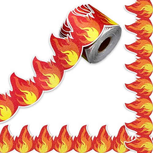 Whaline 65.6Ft Fire Bulletin Board Border Glitter Red Fire Die Cut Trim Border Roll for Back to School Chalkboard Wall Decor - style: Fire