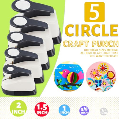 5 Circle Hole Punch, Circle Paper Punch, CirclePunches for Paper Crafts, Large Hole Puncher, Different Size of Scrapbooking Punches, Round Punch Shape for Scrapbook Card Making - style: 3/8''+5/8''+1''+1.5''+ 2''Circle