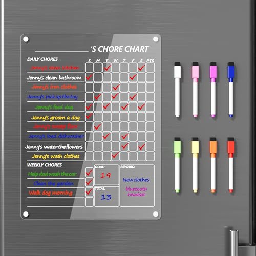 Neatsure Acrylic Magnetic Chore Chart for Fridge, Clear Dry Erase Chores Chart for Refrigerator, Responsibility Reward Planning Board for Teens Family, w/ 8 Colors Markers, 12"x9" - size: 12"x9", style: Chore Chart