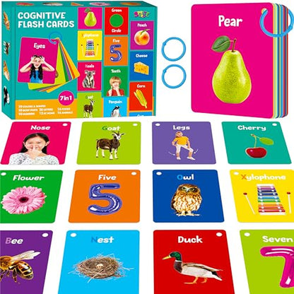 50 PCS Early Learning Flashcards, 7 in 1 Double Sided Cards- Alphabet, Numbers, Foods, Animals, Shapes, Colors with 2 Reclosable Rings, Learning Tool for Pre-K Kindergarten Toddlers - style: Early Learning Flashcards
