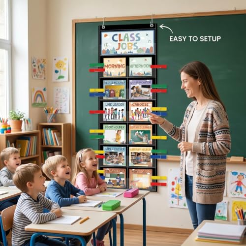 Class Jobs Pocket Chart - Mountain Management Educational Pocket Chart Set with Cards Clips Hooks, Teacher's Helper Classroom Supplies, Back to School Chalkboard Bulletin Board Decor - color: Mountain