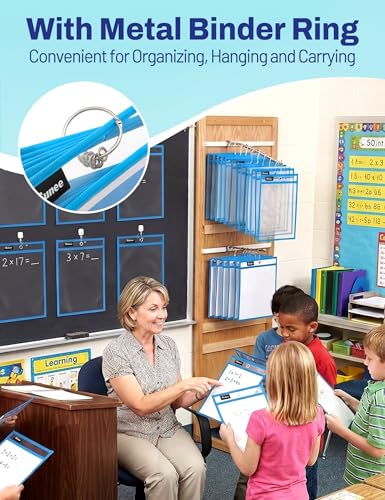 SUNEE 30 Packs Oversized Reusable Dry Erase Pocket Sleeves with 2 Rings, Blue 10x14 Ticket Holders, Clear Plastic Sheet Protectors, Teacher School Classroom Supplies - color: Blue, style: 30 Pack