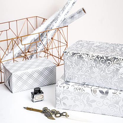 LeZakaa Silver Wrapping Paper Roll, Elegant Metallic Foil Gift Wrap with Floral and Plaid Pattern for Wedding, Anniversary, Birthday, Mothers Day, Bridal Shower, Christmas, 17 x 120 inches, Mini Roll - color: Classic-silver