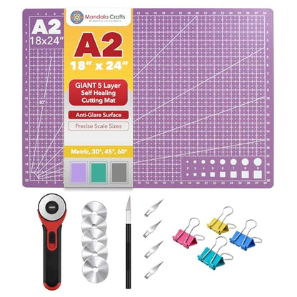 Mandala Crafts Self-Healing Cutting Mat Set – 18" x 24" A2 Purple Pink Double-Sided 5-Ply Mat with Fabric Cutter, Quilt Ruler & Craft Knife for Sewing, Quilting, Leather & Scrapbooking - color: Purple Combo, size: 18 x 24 Inches Mat Combo