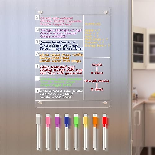Neatsure Acrylic Magnetic Meal Planner Menu Board for Kitchen Fridge w/ 8 Markers, Clear Refrigerator Weekly Dry Erase Calendar Planning Noteboard to Do/Grocery/Shopping List/Chore Chart/, 12"x9" - size: 12"x9", style: Meal Planner
