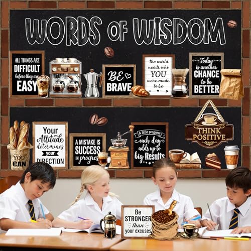 Mooliwe 57 Pcs Coffee Bulletin Board Set Industrial Coffee Shop Inspirational Classroom Decoration Cutout for School Office Chalkboard Door Wall Decor - style: Coffee