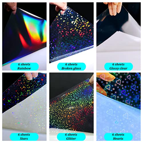 36 Sheets Holographic Sticker Paper Holographic Clear Vinyl Self Adhesive Waterproof Transparent Laminating Sheets Rainbow Overlay with A4 (11.7 x 8.3 Inch) 6 Styles Mixed - style: 36 mixed