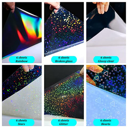 36 Sheets Holographic Sticker Paper Holographic Clear Vinyl Self Adhesive Waterproof Transparent Laminating Sheets Rainbow Overlay with A4 (11.7 x 8.3 Inch) 6 Styles Mixed - style: 36 mixed
