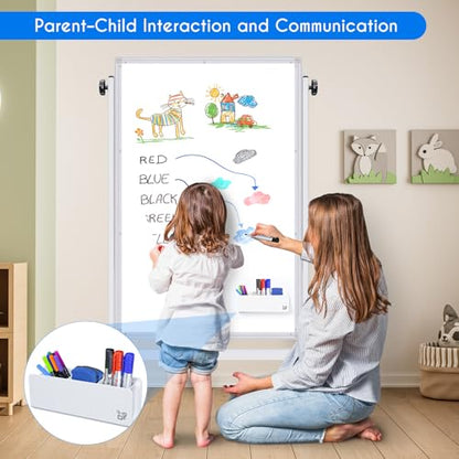 maxtek Rolling White Board, 48 x 32 Height Adjustable Whiteboard on Wheels, Large Magnetic Standing Mobile Easel Board, Double-Sided with Stand for Office, Home, and Classroom - style: 48x32 in Silver