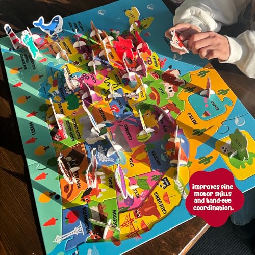 Dinomini Giant USA Map Puzzle for Kids - with Interactive Standing Figures - Floor Puzzles for Kids Ages 3-5 - Preschool Learning Activities - Learning & Educational Toys - color: Usa Map