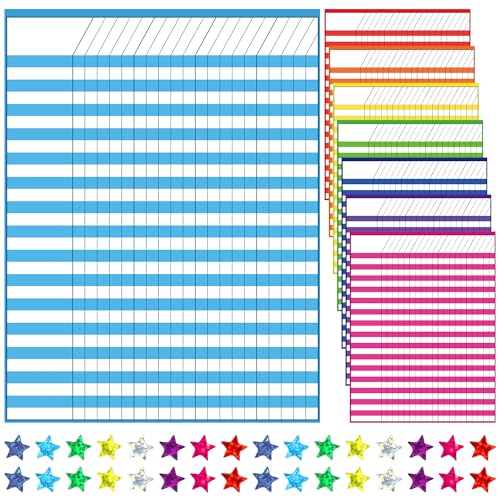 8 Pack Colorful Dry Erase Incentive Chart Multi-Color Classroom Laminated Dry Erase Reward Chore Charts with 1350 Reward Star Stickers for School Attendance Homework Progress Tracking, 13" x 17"