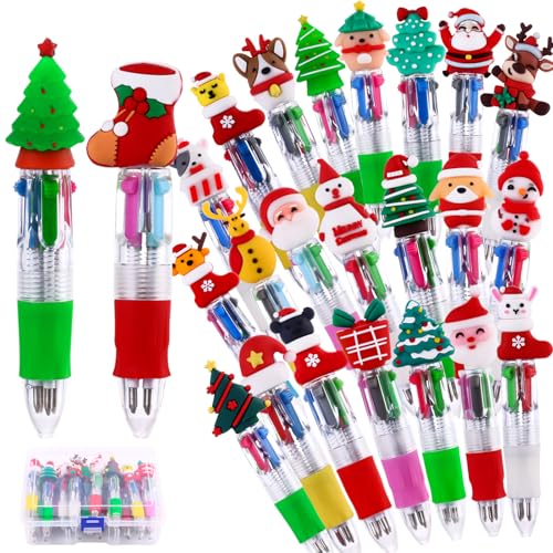 Vellibring 24PCS Christmas Multicolor Ballpoint Pens 4 Colors in 1, Retractable 0.7mm Cartoon Cute Fun Pens Santa Snowman Writing Pens for Holiday Party School Supplies Students Rewards - style: Christmas-24pcs