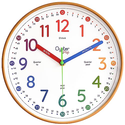 Oyster&Pop Kids Clock - Silent 10" Analog Clock, Learning Wall Clocks - Award-Winning Telling Time Teaching Clock for Kids - Bedrooms Homeschool & Classrooms - Includes eBook - color: Rainbow, size: 10 inch