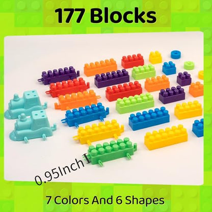 2025 Latest 177 PCS 1 * 1-1 * 3 Inch Large Building Blocks for Toddlers Ages – Brick Set with Cars & Baseplate, Educational STEM Toy for Kids,1 2 3 4 5 6 Blocks(177pcs+1 Board) - style: 1*1-1*3 Inches+1 board