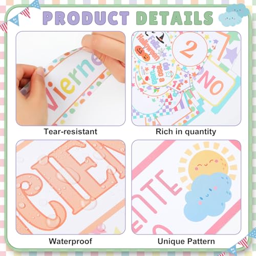AmazingSpark 85 Pcs Spanish Pastel Classroom Calendar Bulletin Board Set for Teachers Seasons Weather Days of the Week Chart Bulletin Board Calendar Set for Back to School Classroom Decoration