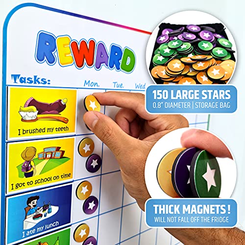 Large Magnetic Reward Chart for Multiple Kids (1-3 Kids) - 127 Pre-Written Stickers (Including Potty Training) + 30 Custom Chores - Behavior, Responsibility & Incentive Star Chart for Your Fridge - style: Up to 3 Kids