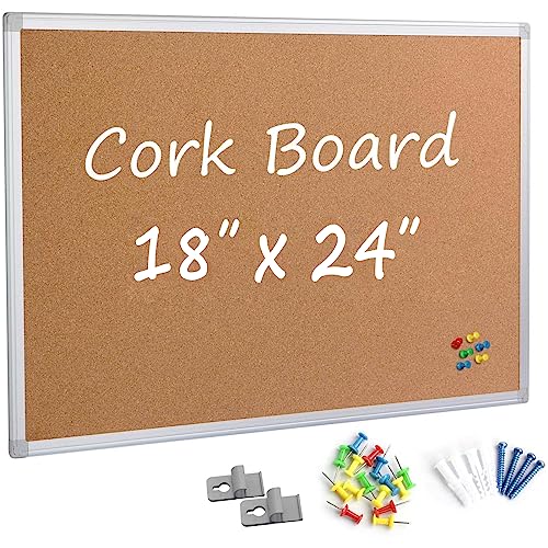 Cork Board Bulletin Board 24 x 18 Inches, Silver Aluminium Framed Corkboard, Office Board for Wall Cork, Large Wall Mounted Notice Pin Board for Home, Office and School - size: 18" x 24"