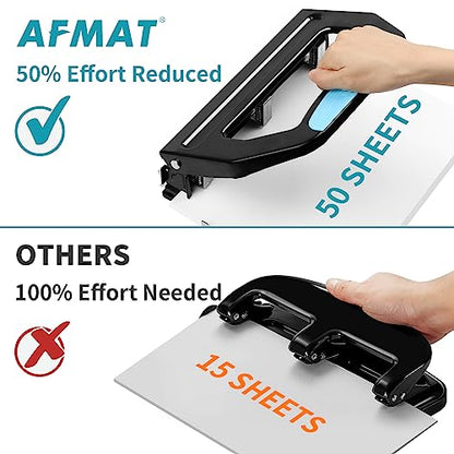 AFMAT 3 Hole Punch Heavy Duty, 9/32" Holes, 50-Sheet Hole Puncher 3 Ring, 50% Reduced Effort, Adjustable Two & Three Hole Punch, Metal Paper Puncher w/Large Chip Tray, Metal Paper Guide, Black, HP18 - color: Black