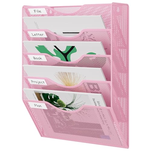 EasyPAG Wall File Organizer 5 Tier Hanging Paper Folder Holder, Zero Assembly Metal Mesh Wall Mounted Mail Organizer for Office Home Classroom Narrow Spaces, Pink - color: Pink, size: 5 Tier