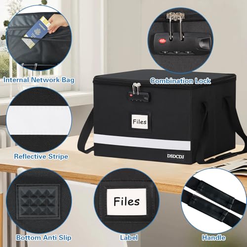 File Box with Lock - Portable File Organizer Box with Handle, Sturdy Important Document Organizer with Label, Slide, Reflective Strip for Hanging Letter/Legal Folder - size: 15.5" x 12.3" x 10.5", style: Black 1 Pack- Box with Lock