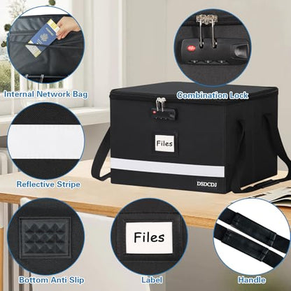 File Box with Lock - Portable File Organizer Box with Handle, Sturdy Important Document Organizer with Label, Slide, Reflective Strip for Hanging Letter/Legal Folder - size: 15.5" x 12.3" x 10.5", style: Black 1 Pack- Box with Lock