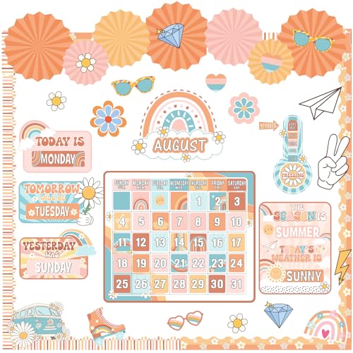 Janlaugh Groovy Classroom Calendar Bulletin Board Set with 3D Paper Fans Boho Retro Calendar Seasons Weather Chart Classroom Decoration for Back to School Blackboard Home Wall Decoration