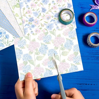 24 Sheets Hydrangea Scrapbook Paper 12'' x 12'' Pastel Floral Pattern Paper Watercolor Hydrangea Double-Sided Scrapbook Pad Blue Pink Flower Scrapbooking Pack for Card Making, Origami, DIY Background
