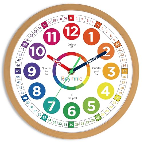 Roymnie12 Inch Wall Clock for Kids Learning to Tell Time Easily Analog Non Ticking Battery Operated Kids Teaching Clock Silent Colorful Teaching Time Clock Decorative for Kids Room Classroom School - color: Wooden Grain, size: 12 Inch