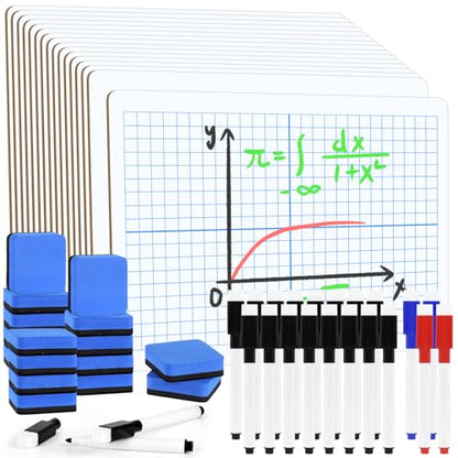 16 Pack Dry Erase XY Axis Graph Lap Boards 9'' x 12'' Double Sided White Boards Math Student White Boards Small Dry Erase Board with 20 Pens and 16 Erasers for School Classroom Supplies